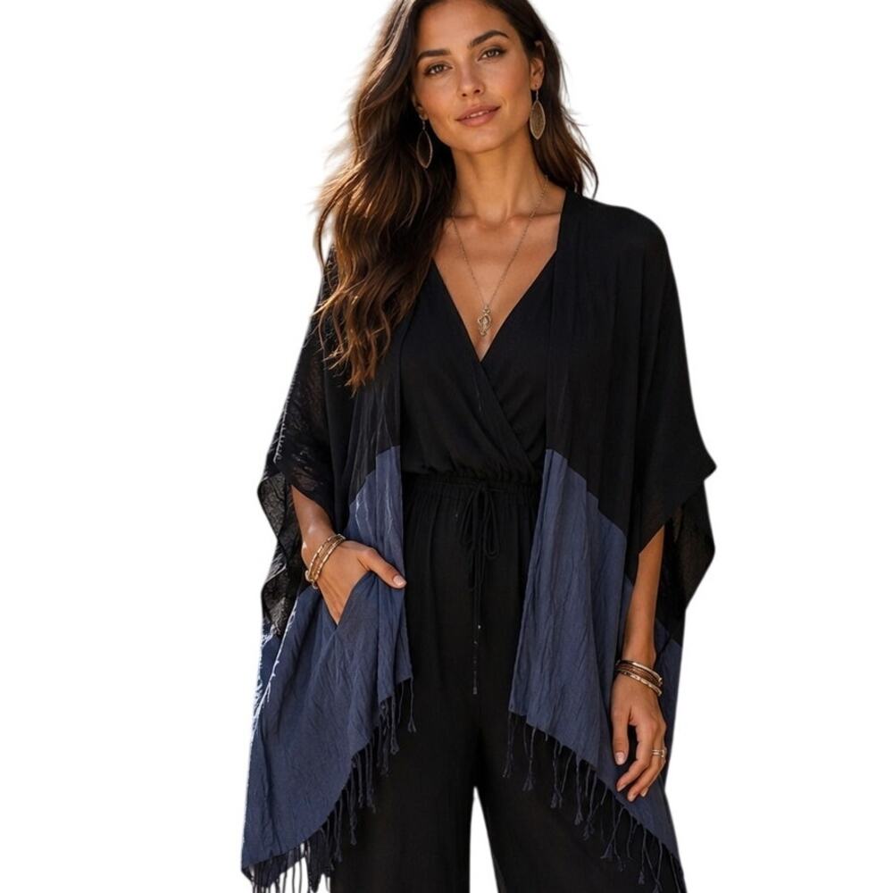 J. Jill Colorblock Fringed Wrap Womens One Size Navy & Blue Kimono Cape Poncho